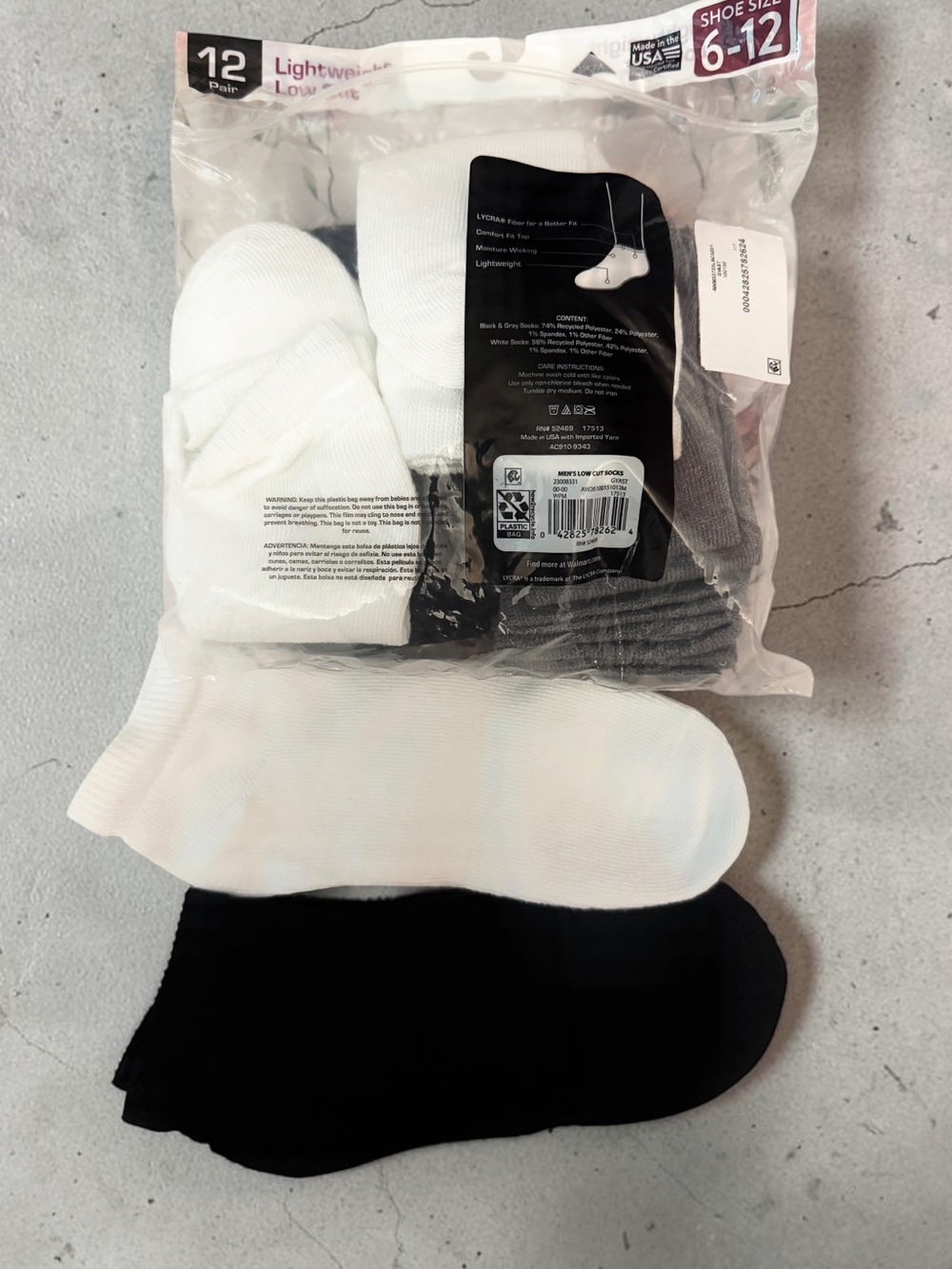 Unisex Lightweight Low-Cut Sock 12-Pack - White & Black